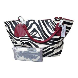 Alyssa Zebra Print Handbag Y2K Boho Red Faux Leather Handles Matching Wallet Set